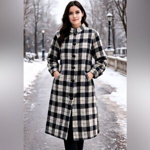 Vintage JIN BO (金波) Plaid Wool-Feel Mandarin Collar Jacket Coat SIZE L–XL.